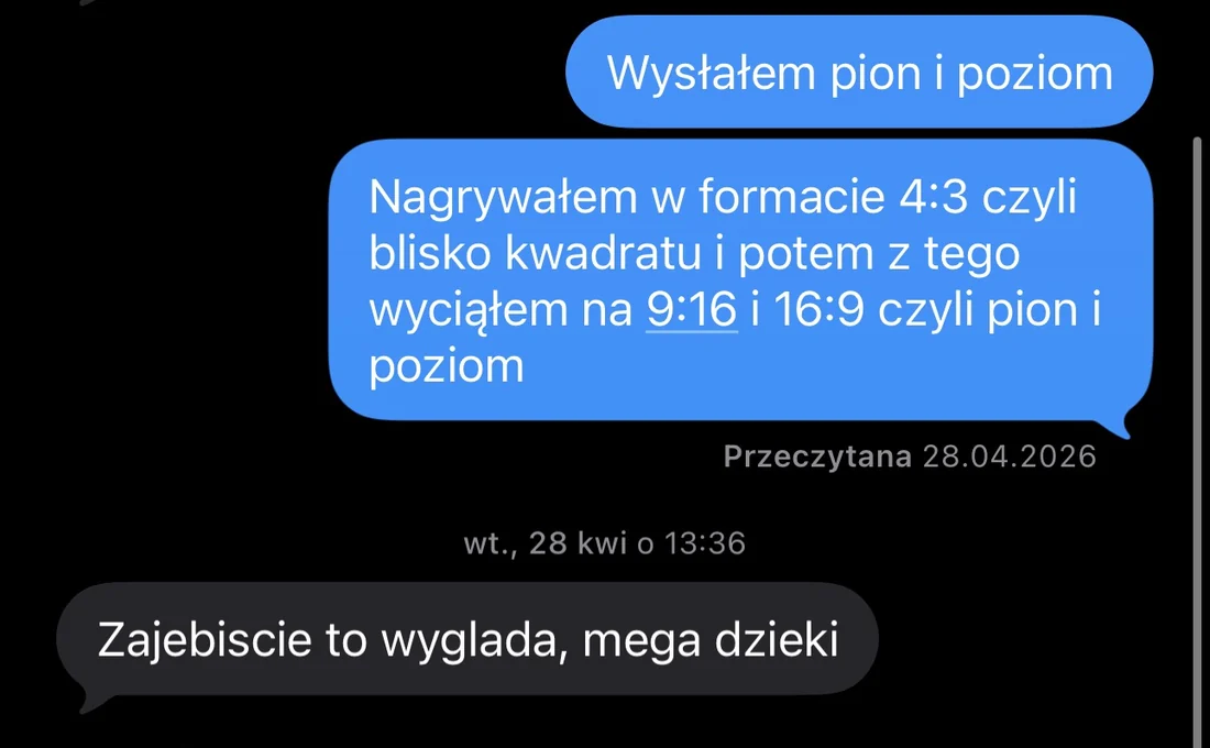 Wiadomość od klienta o materiale w pionie i poziomie