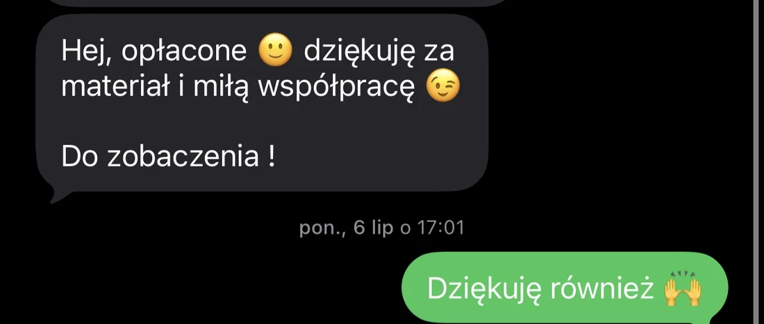 Wiadomość od klienta po odebraniu materiału